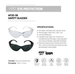 Kacamata Safety, Safety Glasses, Kacamata Safey UGO, UGO Safety Glasses, UGO Safety AF20-58, Kacamata Gerinda, Kacamata Grinda, Kacamata Anti UV, Kacmata Anti Debu, Kacamata Anti Fog, Kacamata Anti Embun